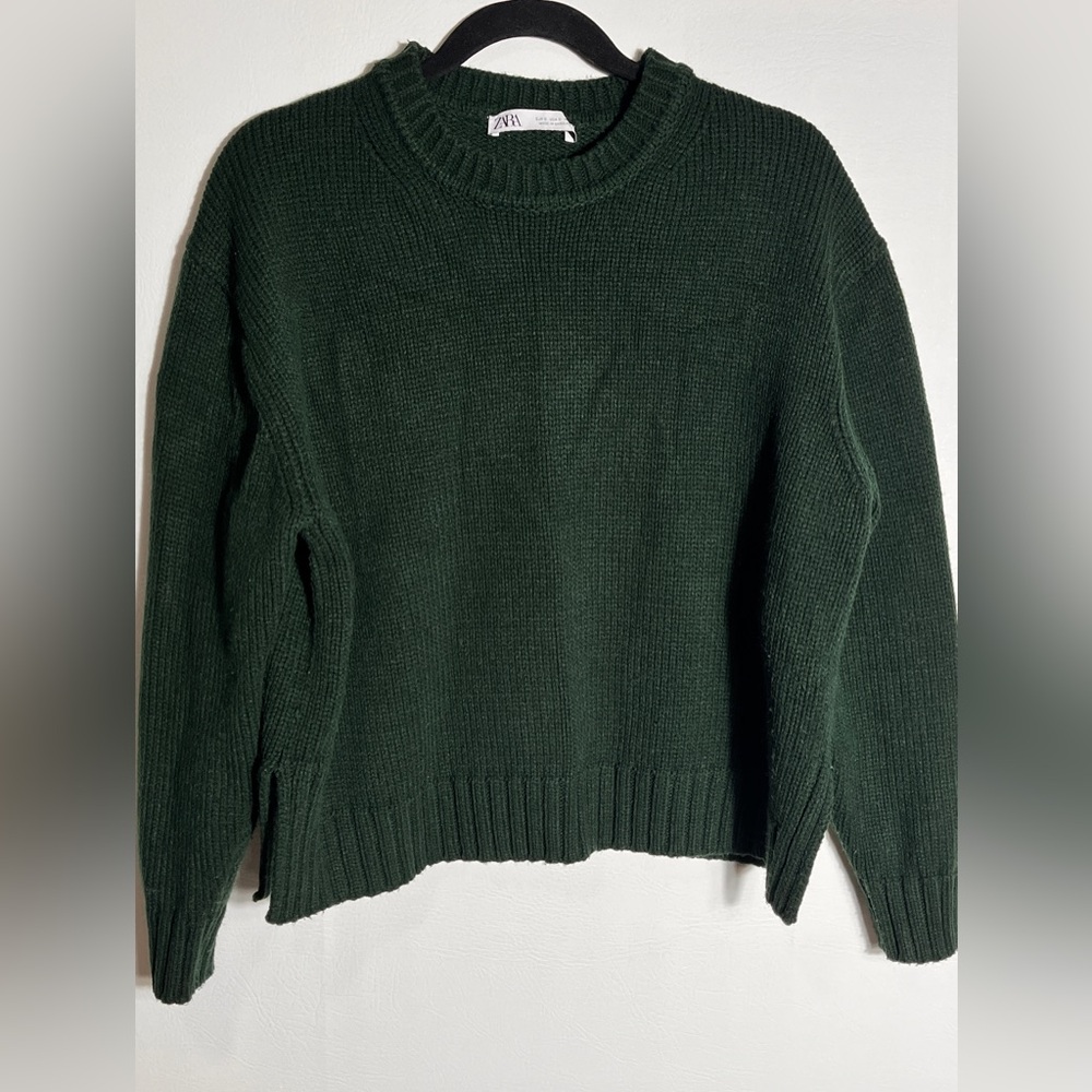 Zara Dark Green Crew Neck Sweater Wool Blend Oversized sz Small